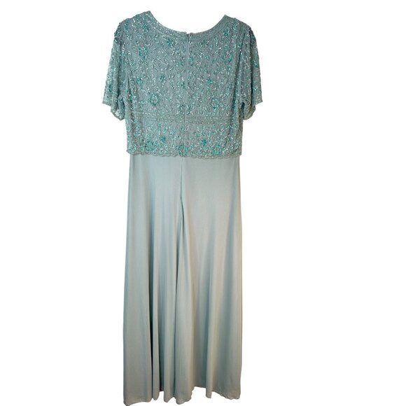 Pisarro Nights Size 10 Aqua Green Beaded Short Sleeve Evening Dress - Picture 2 of 16